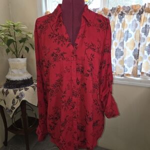 Maurices Red Floral Button Down Shirt With Roll-tab Sleeves. Size XL. MMCP